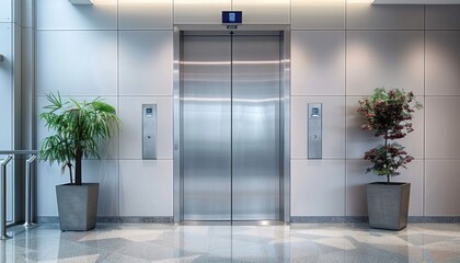 Two potted plants stand in front of an empty elevator in a building