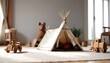 a toy tepee in the centre of the room. next to it a small wooden horse toy. next to it a wooden train toy set