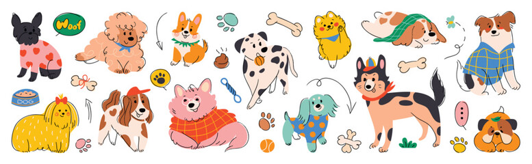 Wall Mural - Set of cute dogs clipart vector. Lovely dog and friendly puppy doodle pattern in different poses and breeds with costume. Adorable funny pet and many characters hand drawn collection.