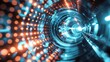 This photo features a vibrant blue and orange background with circles, creating a visually striking graphic design, creatively rendered wormhole depicting a VPN tunnel