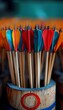 Archer s quiver ready with arrows  summer olympic games sport equipment close up