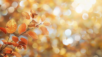 Wall Mural - A branch of a tree with orange leaves in front of an out of focus background of leaves and light.