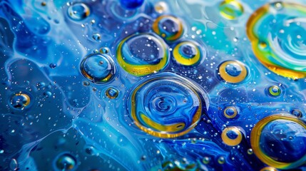 Sticker - Against the backdrop of liquid blue, oil colored circles in water form abstract masterpieces, each swirl a stroke of artistic brilliance.