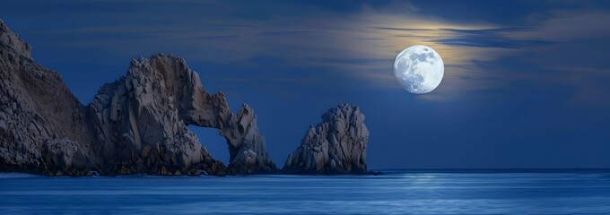 Poster - Serene Seascape with Moonlight over Calm Waters and Rocky Cliffs. A Peaceful Nature Scene Perfect for Backgrounds or Wall Art. AI