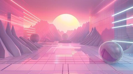 Wall Mural - A retro-futuristic landscape featuring neon lights and geometric patterns in a pastel color palette  AI generated illustration