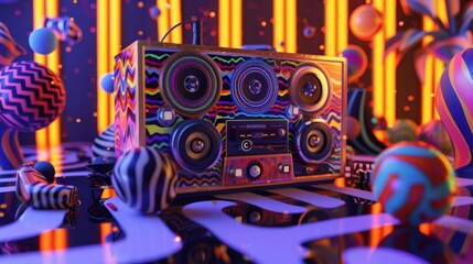 Poster - A retro-inspired 3D model of a tape deck surrounded by psychedelic patterns  AI generated illustration