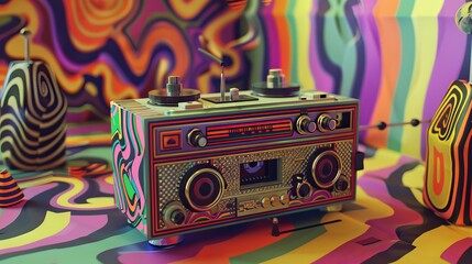Poster - A retro-inspired 3D model of a tape deck surrounded by psychedelic patterns  AI generated illustration
