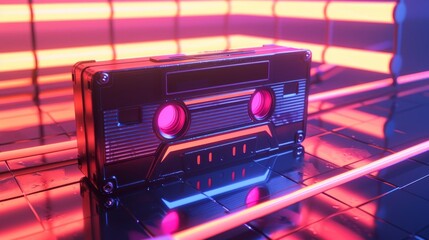 Poster - A stylized 3D illustration of a retro cassette tape with neon accents  AI generated illustration