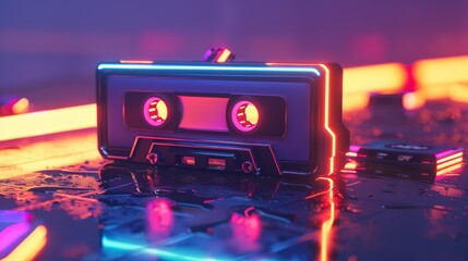 Poster - A stylized 3D illustration of a retro cassette tape with neon accents  AI generated illustration
