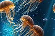 Underwater landscape with jellyfish. Seamless pattern. Digital illustration.