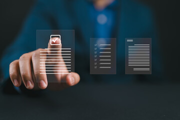 Poster - Businessman touching approve document on virtual screen for business process workflow illustrating management approval and project approve concept..