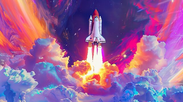 A vibrant rendering of a space shuttle launching  AI generated illustration