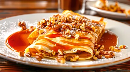 Sticker - Delicious crepes topped with syrup and nuts on a white plate. Freshly made, inviting sweet breakfast dish. Perfect for dessert menu or food blogs. Homemade quality with a gourmet touch. AI