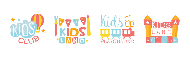 Canvas Print - Kids Entertainment Club Colorful Promo Signs For Playing Space Vector Set