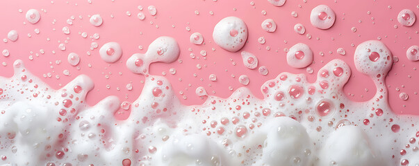 Wall Mural - Set foam soap bubble isolated on light pink background top view.