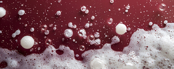 Wall Mural - Set foam soap bubble isolated on red background top view.