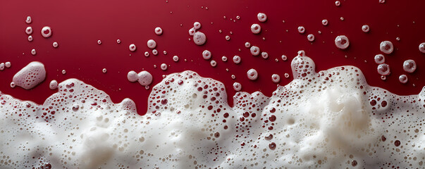 Wall Mural - Set foam soap bubble isolated on red background top view.