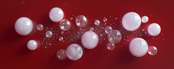 Wall Mural - Set foam soap bubble isolated on red background top view.