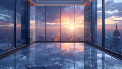 Wall Mural - A large city view with a sunset in the background by AI generated image