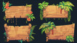 © Volodymyr Shcerbak - Jungle wooden sign board with plants and flowers. Cartoon  illustration of signpost or text banner made of wood and surrounded by green grass. Tropical frames and panels