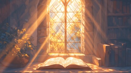 Wall Mural - The Christian church is the blurred background, the stairs lead to a door, there are some books on the stairs, there is an enchanted book glowing, love and hope, the background is sunlight and bokeh, 