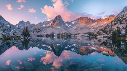 Wall Mural - View of a serene mountain lake surrounded by craggy peaks reflected perfectly in the crystal clear waters under a soft pastel sunset