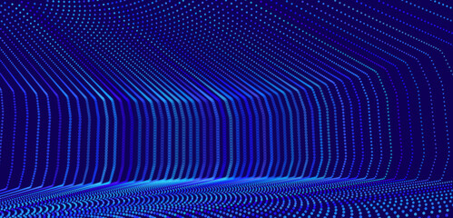 Fototapete - Data Flow Particles Blue 3D Grid Tunnel. Grid Frame Retrowave Background. Tunnel Mesh Backdrop. Abstract Digital Background. Vintage Computer Virtual Reality VR Tunnel Technology Vector Illustration.