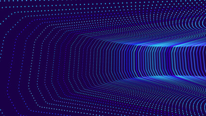 Wall Mural - Data Flow Particles Blue 3D Grid Tunnel. Grid Frame Retrowave Background. Tunnel Mesh Backdrop. Abstract Digital Background. Vintage Computer Virtual Reality VR Tunnel Technology Vector Illustration.