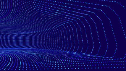 Fototapete - Data Flow Particles Blue 3D Grid Tunnel. Grid Frame Retrowave Background. Tunnel Mesh Backdrop. Abstract Digital Background. Vintage Computer Virtual Reality VR Tunnel Technology Vector Illustration.