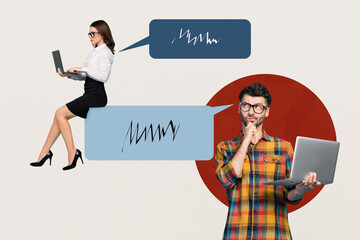 Poster - Creative abstract template graphics collage image of thoughtful workers chatting modern devices isolated white color background