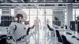 Fototapeta Przestrzenne - Innovative Tech Workshop - A clean, white workspace with human and AI engineers creating advanced robotics, styled as a realistic yet clean and simple art style, emphasizing teamwork and creativity.