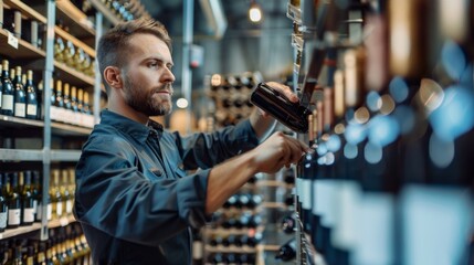 Poster - A man is standing in a wine store, reaching for a bottle of wine
