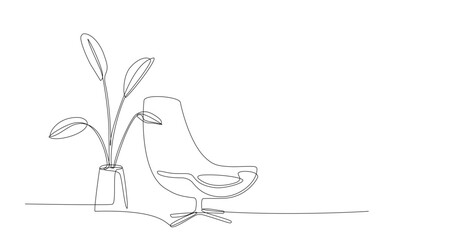 Wall Mural - Continuous single line interior with armchair and plant. One line drawing of Living room with modern furniture editable stroke. Single line. Handdraw contour. Flower in pot. Doodle vector illustration