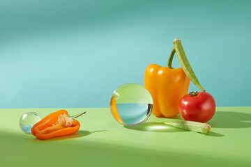 Composition with organic vegetables random arranged on green table decorated by transparent crystal balls. Front view, copy space