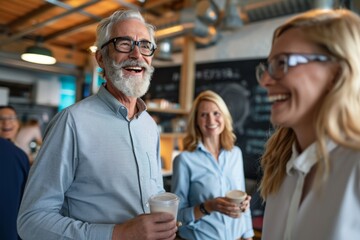 Wall Mural - Cheerful senior man in eyeglasses is holding a cup of coffee and smiling while his colleagues are standing behind him in cafe