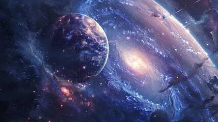 Wall Mural - A view from space to a spiral galaxy and stars. Universe filled with stars, nebula and galaxy. Colorful space background with stars. Beauty of deep space.
