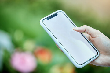 Fototapete - Hand, space on screen and phone with person outdoor in garden for summer communication or network. App, contact and display mockup on mobile for advertising, marketing or text message in green park