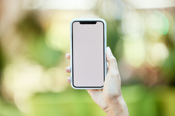 Fototapete - Hand, mockup on screen and phone with person outdoor in garden for summer communication or network. App, contact and display space on mobile for advertising, marketing or text message in green park