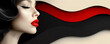 A woman with red lips and black hair is the main focus of the image