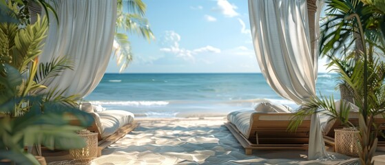 Wall Mural - Beach cabanas and towels border, relax into these sales center text
