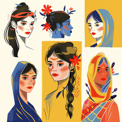 Wall Mural - Set of women illustration. Female modern hijab headscarf dress outfit. Avatar profile pictures