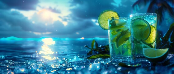 Cool summer nights sales design, border of mojitos and moonlit pools, chill night colors, cool offers copy space