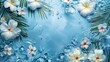 Refreshing summer sales banner, water splash and tropical flowers border, cool blues and whites, clean copy space