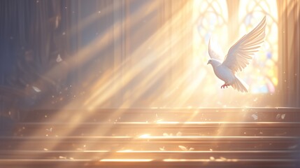 Poster - The Christian church is the blurred background, the stairs lead to a door, there are some white doves on the stairs, love and hope, the background is sunlight and bokeh, used to symbolize the relation