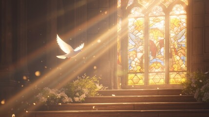 Wall Mural - The Christian church is the blurred background, the stairs lead to a door, there are some white doves on the stairs, love and hope, the background is sunlight and bokeh, used to symbolize the relation