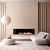 Fototapeta  - Sofa and pouf against pink wall with fireplace. Minimalist interior design of modern living room, home.