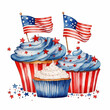 4th of July cupcakes and USA flags on a white background. Independence Day card. Watercolor illustration. 3 muffins with colors of flag of America and decorated with stars.