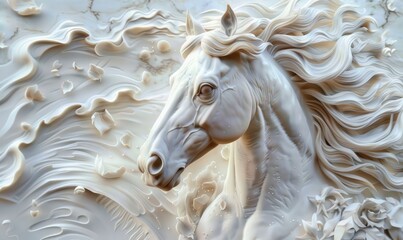 Canvas Print - white horse with a flowing mane and flying flower wood carving sculpture