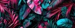 tropical plants in neon pink and teal against a dark background, with lots of leaves and foliage in a surreal style.