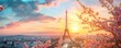 A stunning view of the Eiffel Tower at sunset, with blooming trees and bustling city life